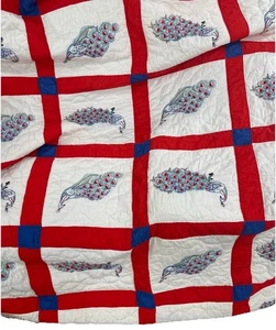 Vintage Hand Stitched Embroidered Patchwork Quilt Peacocks Red White Blue Read - Picture 1 of 21