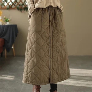 Ladies Womens Retro Winter Quilted Padded Skirt Warm Elastic Waist Pockets Midi - Picture 1 of 19
