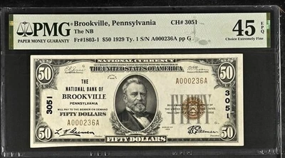1929 $50 THE NATIONAL BANK OF BROOKVILLE, PA CH 3051 PMG 45 EPQ - Image 1 of 2