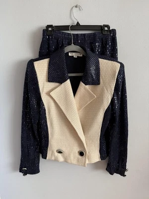 Conjunto de falda blazer de doble botonadura traje falda punto St John vintage azul marino crema 10 Foto 1 de 4