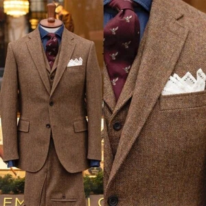 60%Wolle Herren Weste Fischgräte Anzug Braune Jacke Sakko Winter Warm Custom - Bild 1 von 11