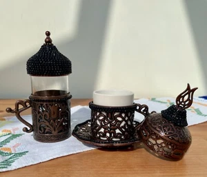Dark Copper Turkish Coffee Set with Water Serving Cup, Black Rhinestone Detailed - Picture 1 of 12