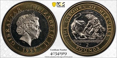 Gibraltar 1999 2 Pounds Hercules Cretan Bull PCGS Ms 66 - Image 1 of 4
