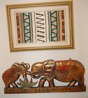 Small framed hand woven cloth Sri Lanka tapestry exotic & wooden elephant relief