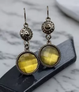 Vintage Yellow Dangle Earrings Antique Style Silver Tone Detailing Faceted - Picture 1 of 6