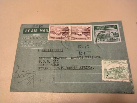 Pakistan USED Registered Aerogramme from Sialkot Pakistan to Strand South Africa Cover