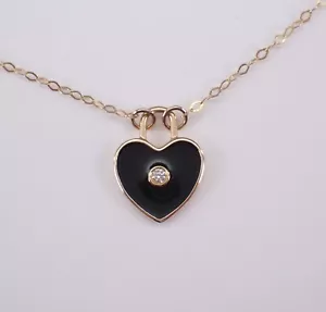 14K Yellow Gold Diamond Station Necklace Black Enamel Heart Charm Pendant - Picture 1 of 5