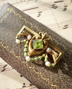 ANTIQUE • Art Nouveau 14k Gold Enamel w/ Peridot & Sea Pearl Brooch Pendant - Picture 1 of 4