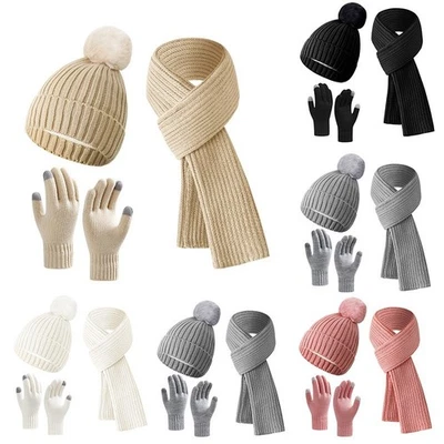 Hat Scarf and Gloves Set Ladies, Winter Beanie Hat for Women with Pom Pom Fleece
