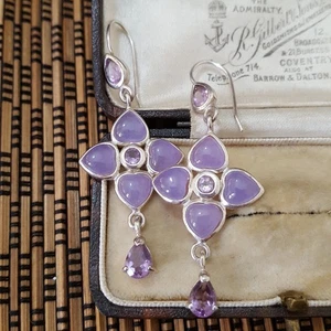 925 Sterling Silver Earrings, Lavender Jade And Amethyst Dangle,Victorian Design - Picture 1 of 7