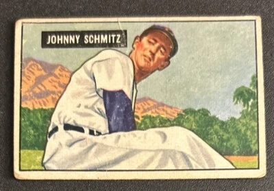 1951 Bowman Johnny Schmitz Baseball Card #69 Cubs Pitcher Poor Creased O/C - Image 1 of 2