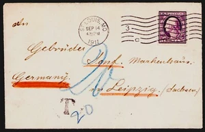 Sc 345 3¢ - IMPERF on 1911 St Louis Cover to Germany Short Paid Due Immaculate - Picture 1 of 4
