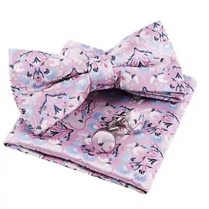 Mens Floral Pre Tied Bow Tie Pocket Square and Cufflinks Set Stylish Bow Tie ... - Picture 1 of 5