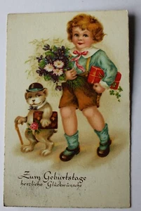 AK Zum Geburtstage herzliche Glückwünsche, Junge mit Kater und Geschenk, 1940  - Bild 1 von 2