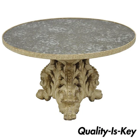 Italian Baroque Painted Carved Wood Pedestal Round Églomisé Glass Coffee Table Cover