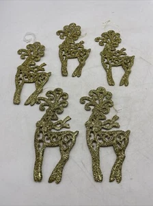 Lote de 5 adornos de árbol de Navidad de renos brillo dorado 5,75" vintage vacaciones - Imagen 1 de 10