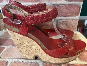 FRYE RED LEATHER BRAYLIN BRAIDED CORK WEDGE OPEN TOE HIGH HEELS 8.5M - Picture 1 of 6