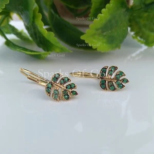 14K Yellow Gold Green .4ct Emerald Monstera Leaf Earrings Jewelry Christmas Gift - Picture 1 of 7