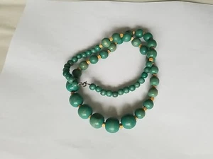 Collana Vintage Turchese Blu Verde Perline Legno Graduate 11 Pollici - Foto 1 di 12