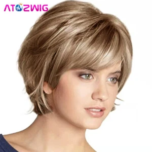 Short Mix Blonde Highlight Wigs for White Women Natural Fluffy Synthetic Wig - Picture 1 of 5