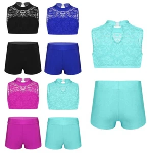 Girls 2-Piece Active Set Dance Sport Outfits Floral Lace Crop Top and Shorts Set - Picture 1 of 55
