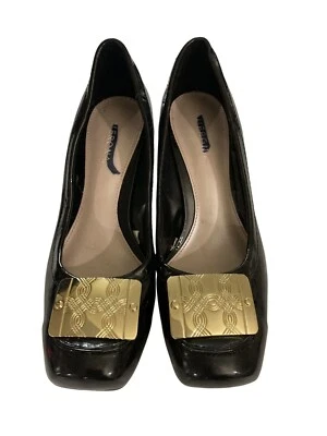 Merona womens size 5.5 Black Patent Leather Block Heel Pumps Gold Accent - Image 1 of 4