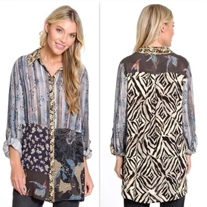John Mark Damen Knopfleiste Tunika Top Bluse Größe M gemischter Druck Patch Neu mit Etikett - Bild 1 von 16