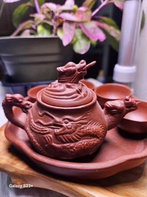 Vtg. Asian Yixing Zisha Purple/Red Clay Dragon Tea Set Pot+4Cup Flaming-Tongue  - Image 1 of 4