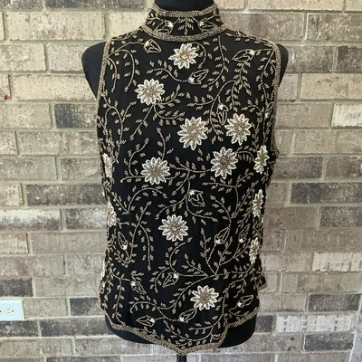 Размер XL - Scala черный бисером цветочный верхний без рукавов шелк высоты шеи полный молнии 26609 - Изображение 1 из 4