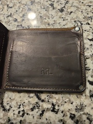 Cartera de cuero plegable RRL by Ralph Lauren marrón oscuro 4,5 x 3,5 pulgadas rara Foto 1 de 4