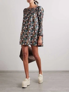 Doen Women's Sabia Shirred Floral Printed Smocked Cotton Short Mini Dress Size S - Picture 1 of 18