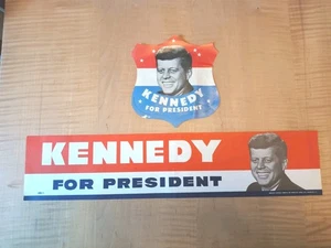 VTG KENNEDY FOR PRESIDENT  2pc lot 18" bumper sticker & paper 'badge' ORIGINAL - Picture 1 of 7