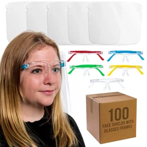 100 Kids Protective Face Shields with Glasses Frames (20 Packs of 5) Anti-Fog - Picture 1 of 5