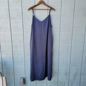 Uniqlo Satin V-neck Slip Midi Dress sz L Navy/Gray Quiet Luxury Minimalist - Picture 1 of 8
