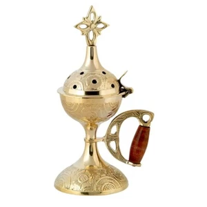 6.7" Engraved Greek Orthodox Brass Home Censer Wooden Heat Resistant Handle 17cm - Foto 1 di 1