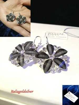 Orecchini Donna Gioielli Argento SWAROVSKI ORIGINALI Fiore Nero Fumè Cristalli - Immagine 1 di 4