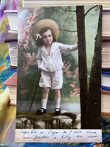 Antigua Fotografía Real Postal RPPC Adorable Niño Marinero Cumpleaños Tintado a Mano - Imagen 1 de 7