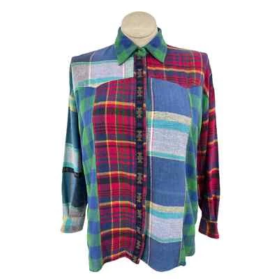 Camisa De Colección Años 90 Colorblock Franela A Cuadros Abotonada Manga Larga Borde Gitano L Foto 1 de 4