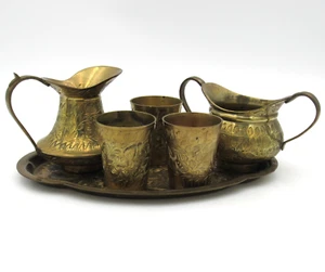 VTG India Etched Brass Pitcher Jug Cups Serving Tray BoHo - Picture 1 of 12
