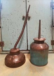 Lot of 2 Antique Vintage Oiler Cans Thumb Pump Hand Oil Oiling Lubrication Cans - Picture 1 of 9