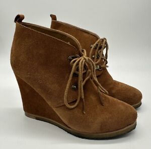 Steve Madden Women's Wedge Boots Size 7.5M Brown Suede Lace-Up Booties Tanngoo