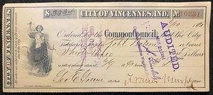 1890 ***CITY OF VINCENNES*** INDIANA $50.00 BANK CHECK+"LADY JUSTICE" VIGNETTE! - Picture 1 of 12