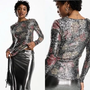 Free People Long Sleeve Floral Sequin Top Silver Medium - Picture 1 of 9