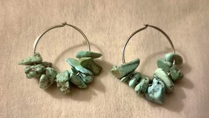 Vintage Turquoise Slider Hoop Earrings in Silver Boho Southwest Statement - Picture 1 of 5