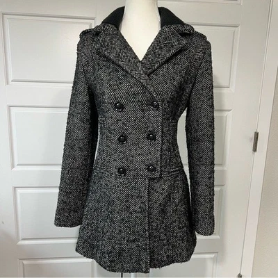 Chaqueta Chaquetón Guess Mezcla Lana Espiga Negra Gris Doble Pecho Invierno Pequeña Foto 1 de 4