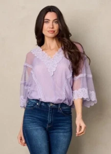 Lavender short sleeve scallop lace bodysuit, S - Picture 1 of 6