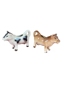 Two Vintage Cow Creamers Japan  Ceramic  7” Long 4” Tall Farmers Cute - Picture 1 of 12