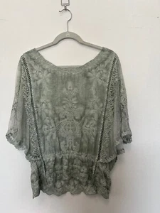 Democracy Women's Mineral Wash Crochet Butterfly Sleeve Top Size large Green - Picture 1 of 9