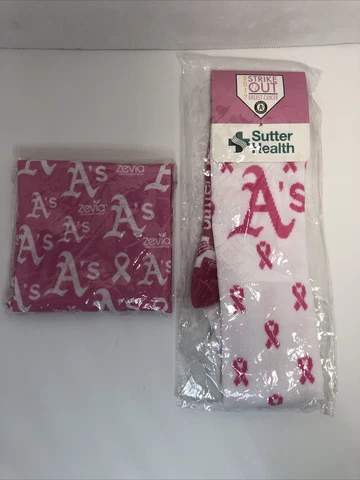 NEW Oakland Athletics A'S SGA "Strike Out Breast Cancer" Socks + Head Wrap MLB Cover