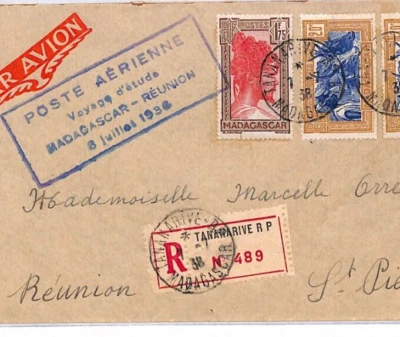 MADAGASCAR Air 1938 Cover *STUDY FLIGHT* REUNION Registered Voyage D'etude YX112 - Image 1 of 4